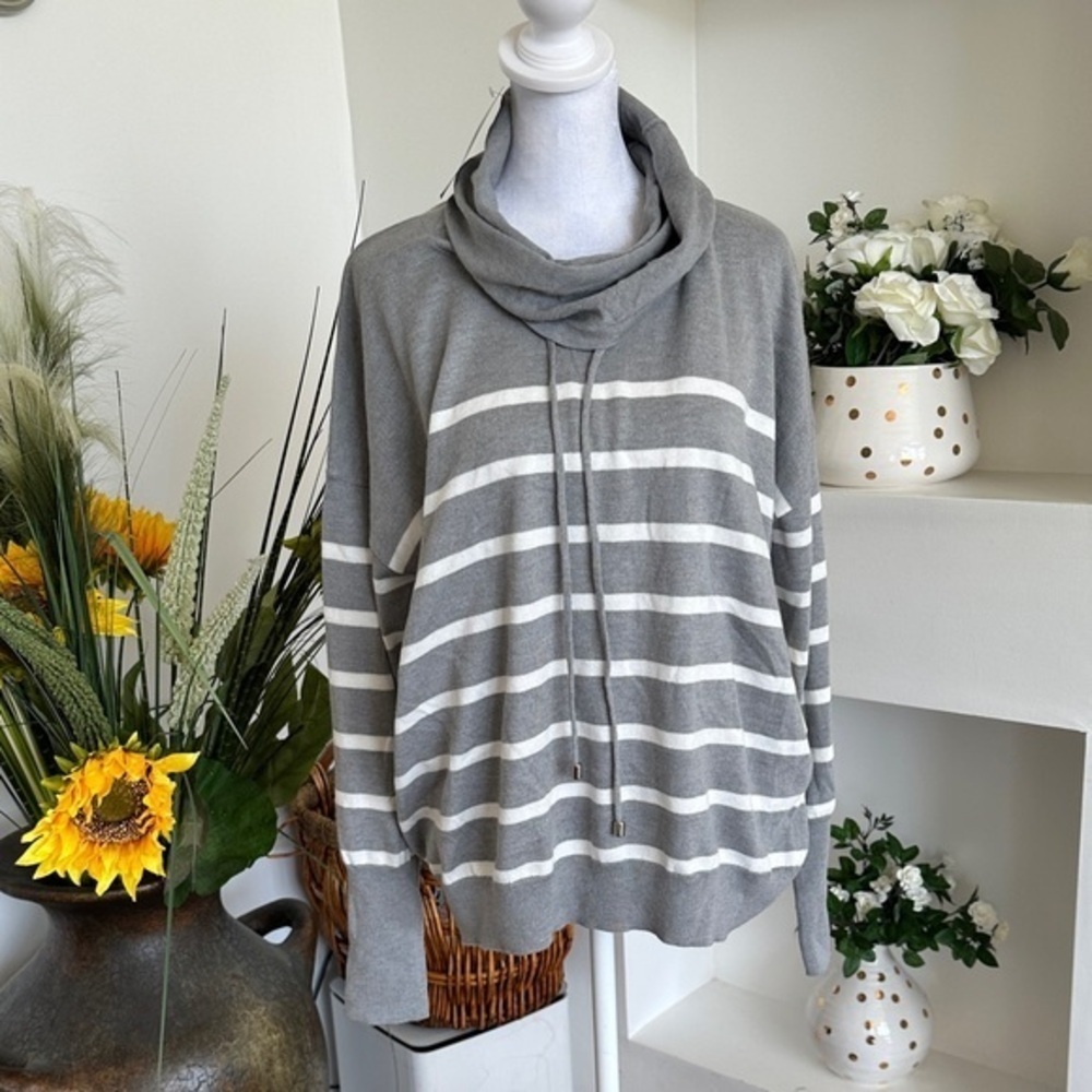 Max Studio Striped Cowl Neck Sweater in Gray and Cream